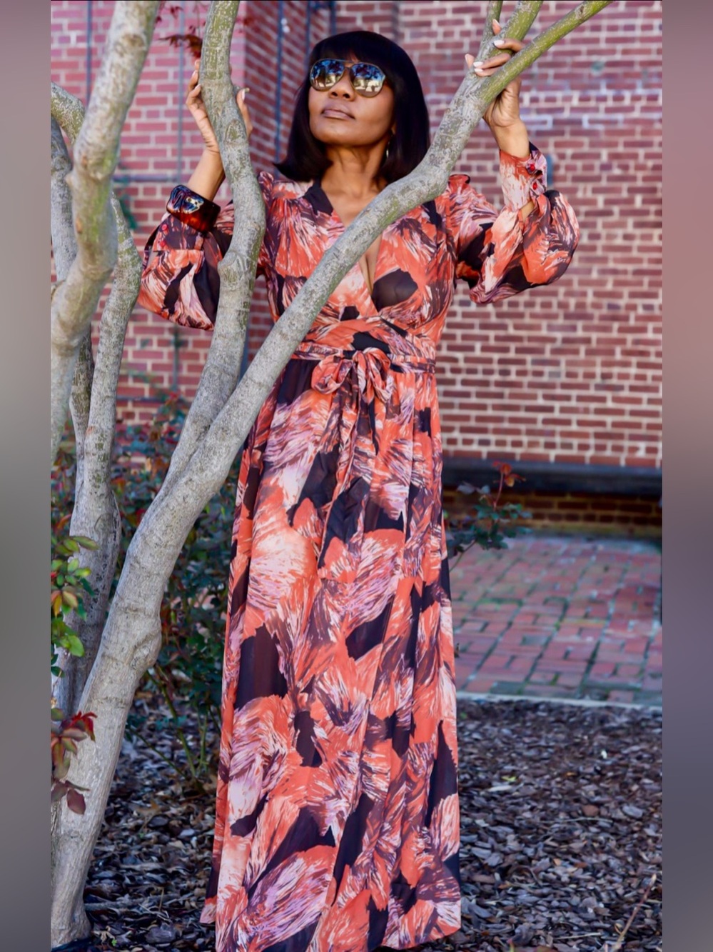 Gien Flowing Coral Floral Maxi Dress with Tie Waist